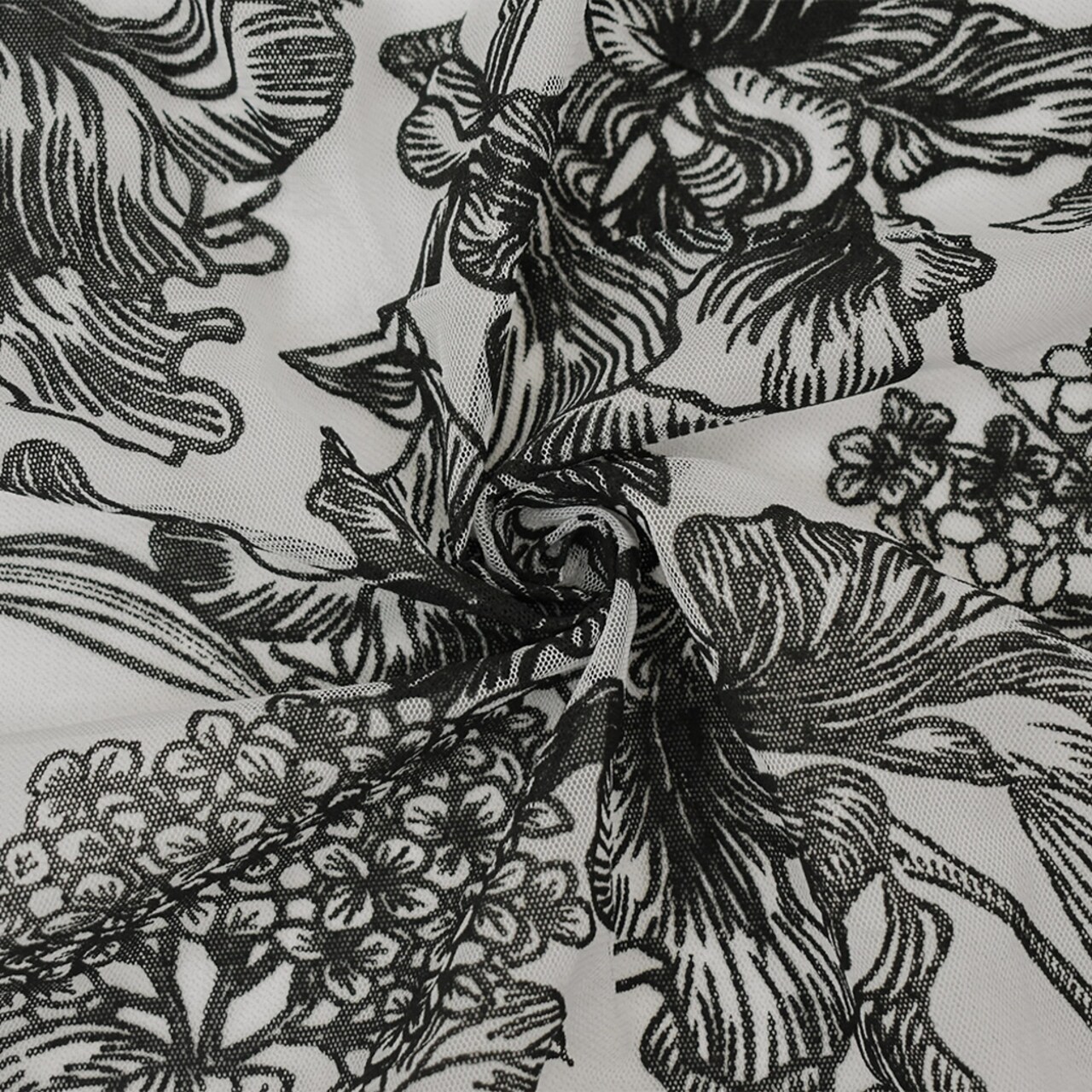 Black-White Nylon Floral Printed Mesh Tulle Knit Fabric By the Yard